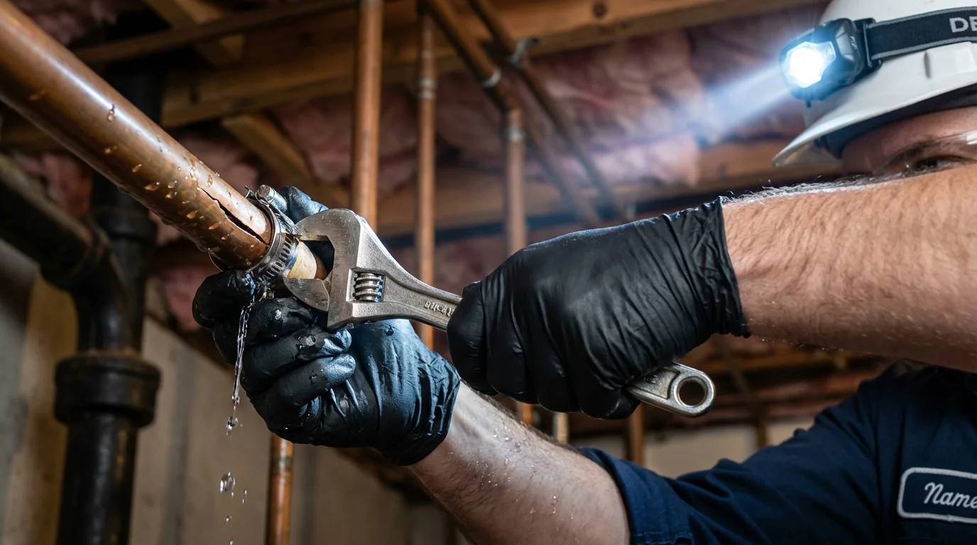 Emergency pipe clamp repair being performed by a Johns Plumbing LLC plumber in Versailles