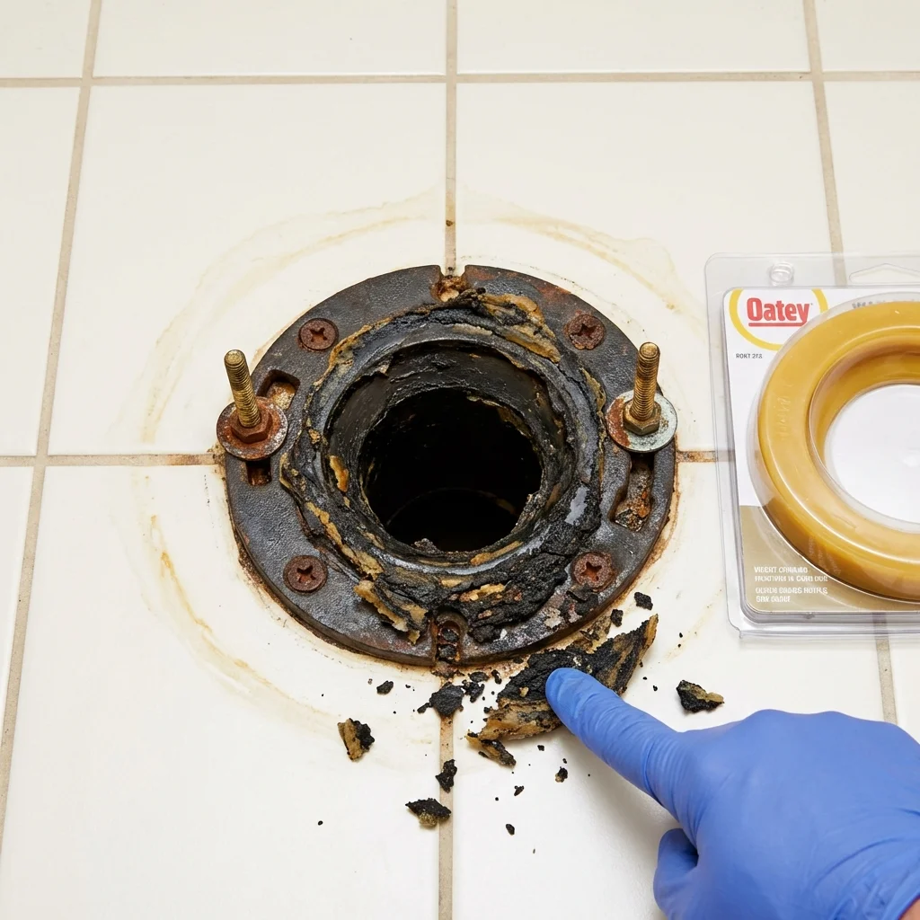 Failed wax ring showing water seepage at the base of a toilet in a Versailles, OH home